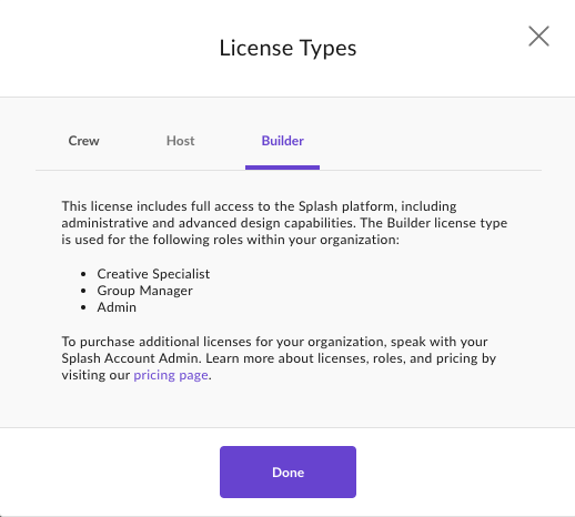 Shows a summary of the access cabilities for the license type and the corresponding roles